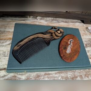 Carved Horn Phoenix Comb, Carved Wood/Inlay Mother Of Pearl Mirror